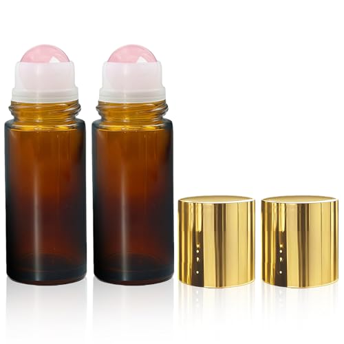 Warmify2 Pack Rose Quartz Roller Bottles for Essential Oils, 50ml Refillable Amber Glass Roll On Bottles with Natural Crystal Roller Balls, Leak-Proof Travel Perfume Bottle with Gold Caps