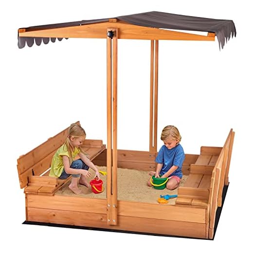 Aivituvin Kids Large Wooden Sandbox, Outdoor Sand Box Play w/ Canopy, 2 Foldable Bench Seats, Retractable Roof and Sand Protection - 47x47-Inch