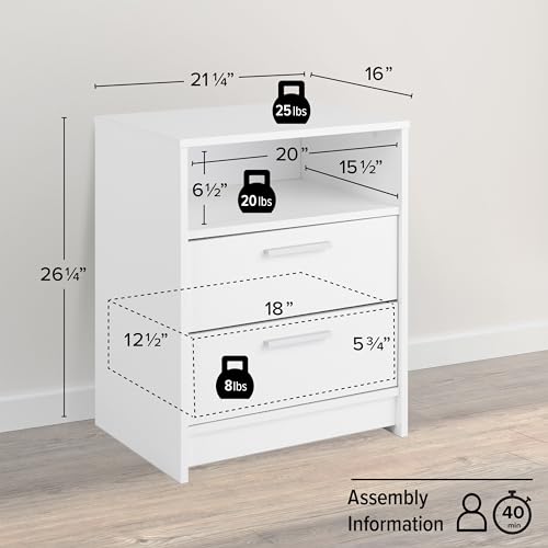 Image of Prepac Studio Essentials Nightstand Bedside Table, White Nightstand for Bedroom, End Table with 2 Drawers and Open Shelf 16 inch D X 21.25 inch W x 26.25 inch H