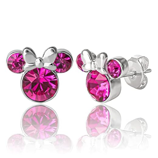 Disney Womens Minnie Mouse October Birthstone Stud Earrings - Minnie Mouse Earrings - Disney Jewelry (October-Fuchsia Crystal)