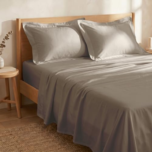 Image of Huesland Premium 100% Pure Cotton Luxe Soft Touch 300 Thread Count Bedsheet for Double Bed King Size with 2 Pillow Covers | Dessert Taupe | 108 x 108 inches