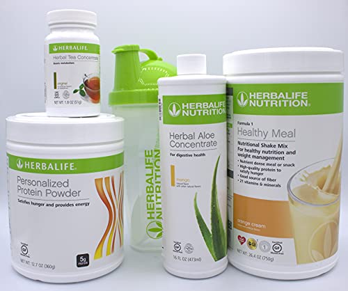 HERBALIFE COMBO FIVE FORMULA 1 Healthy Nutritional Shake Mix (Orange Cream 750g)-HERBAL ALOE CONCENTRATE PINT 473ml-PERSONALIZED PROTEIN POWDER 360g-HERBAL TEA CONCENTRATE 51g with SHAKER CUP and SPOON