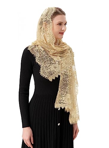 PAMOR Rectangular Chapel Veil Spanish Lace Floral Mantilla Veils Wrap Shawl Mass Head Covering (Beige)