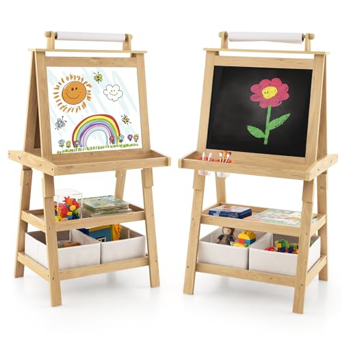GOPLUS Tableau Enfant Double Face, Chevalet Enfant avec Tableau Blanc/Noir Magnétique Effacable, Rouleau de Papier 2 Boîtes de Rangement, pour 3+ Ans (Naturel)