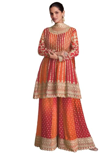 Image of Miss Ethnik Dual Tone Strip Chinon Heavy Embroidered Stitched Sharara Suit Set With Dupatta (ME-1129)
