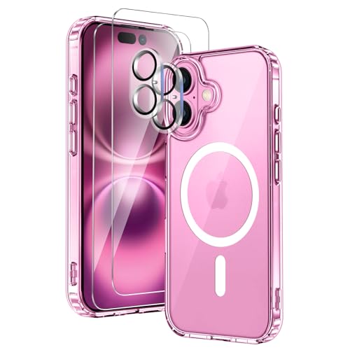 COPIKE Funda Magnética para iPhone 16 con 2 Cristal Templado y 2 Protector Cámara, Compatible con MagSafe, Carcasa Antigolpes Anti-Amarillo Tapa Trasera Resistente Arañazos, Transparent