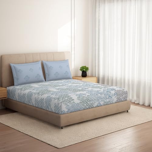 Image of Spaces Welspun Ease 120 TC 100% Cotton Geometric Design Double Bedsheet with 2 Pillow Covers - Soft Feel, Skin Friendly & Machine Washable - 224X254 Cm - Light Grey
