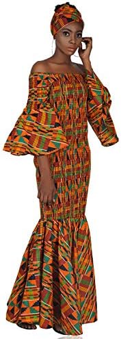 Women's Long African Dress Ankara Print | Cotton Clothing Smoked Fish Tail Mermaid with Matching Headwrap, Fade Resistant Elastic Smoked Bodice Kente Afrocentric Dress - One Size Multi - Image 6