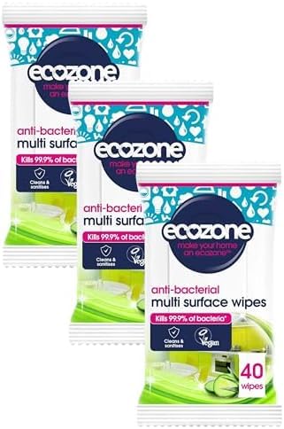 Ecozone Anti-Bacterial Multi-Surface Wipes, Biodegradable Moist Wet Anti Bac Disposable Cleaning Cloths, Sanitising Worktop Natural Vegan Friendly Non Toxic Wipes, Aloe Vera & Cucumber (120 Pack)