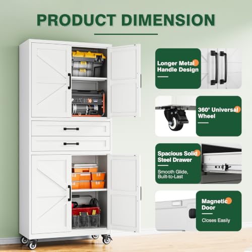 Image of Letaya Metal Garage Storage Cabinets with Wheels,White Rolling Tool Cabinet