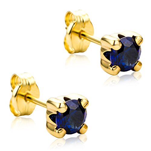 Orovi Bijoux Femme, Boucles d'Oreilles Solitaires en Or Jaune avec Saphir Bleu Clou d'Oreilles 9 Kt / 375 Or