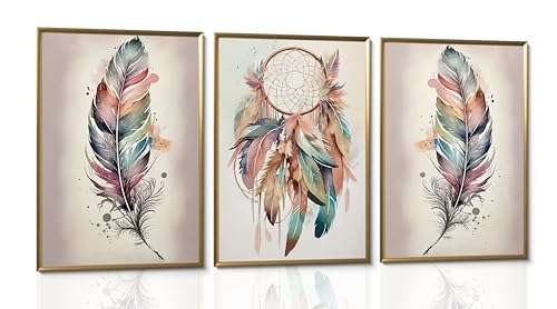 Burshley 3Pcs Bohemian Watercolor Dreamcatcher Feather Wall Art Canvas
