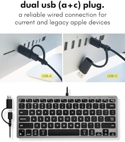 Macally Small Wired Keyboard for Mac and PC (Dual USB C + A) - Save Space, 78-Key Layout with 13 Shortcuts, Type C - Compact USB C Keyboard for MacBook, iMac, iPad, iPhone - Space Gray - 2