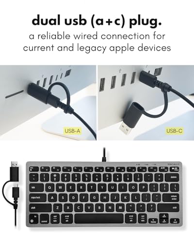 Image of Macally Small Wired Keyboard for Mac and PC (Dual USB C + A) - Save Space, 78-Key Layout with 13 Shortcuts, Type C - Compact USB C Keyboard for MacBook, iMac, iPad, iPhone - Space Gray