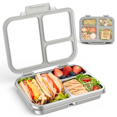 BABHAMNESS Stainless Steel Bento Lunch Box for Kids Adults, 3 Compartments Metal Bento Box with Transparent Lid & Silicone Container for Kids,Dishwasher-Safe,School & Travel,BPA-Free(Grey)