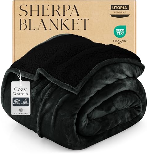 Utopia Bedding Sherpa Blanket Queen Size (Black, 90x90 Inches) - Soft Lightweight Plush Fleece Reversible Blanket for Bed, Sofa, Couch, Camping and Travel