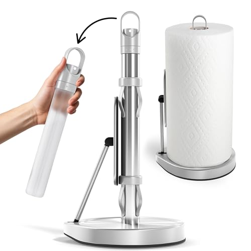 Stainless Steel Paper Towel Holder with Spray Pump – One-Handed Tear, Smart Traction System with Heavy Duty Suction Cups (Silver, Tension Arm with Spray Pump)