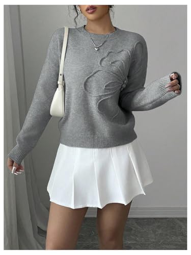 Image of RoseSeek Women's 3D Floral Appliques Crewneck Sweaters Long Sleeve Drop Shoulder Pullovers Elegant Knit Tops