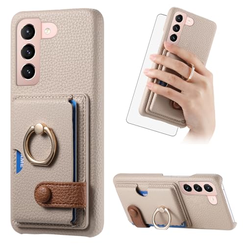 Asuwish Phone Case for Samsung Galaxy S21 5G 6.2 inch Wallet Cover with Tempered Glass Screen Protector and Thin Slim Ring Stand Credit Card Holder Leather Cell Accessories S 21 21S G5 WomenMen White