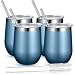 Fungun 4 Pack Stemless Wine Tumbler, 12 Oz Stainless Steel Wine Glass with Straws, Unbreakable Double Wall Cup Insulated Tumbler with Lids for Wine, Coffee, Drinks, Cocktails, Champagne(Blue Gold))