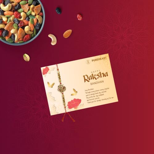 Image of PUREHEART Rakhi Gift Hamper- Vanilla Cashew & Choco Almonds, Cherokee Trail Mix, Sweet & Salt Nutmix (25 g Each) with Chocolate and Floral Rakhi for Brother, Gift Card, Pooja Rice, Kumkum - Crunchy Dry Fruits and Nuts