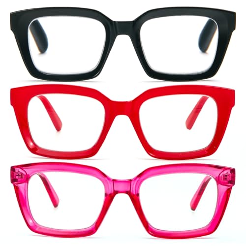 DXYXYO Reading Glasses Women 3.5 Blue Light Blocking Square Oversized Computer Readers 3 Pack Retro Fashion Pink+red+black