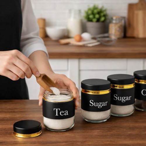 Image of 7Seas 3Pcs Kitchen Canister Set, Tea Coffee Sugar Storage Jars With Air-tight Steel Lid | Kitchen Spice Storage Jars With Name Print For Easy & Quick Find | Kitchen Tea & Sugar Dabba - 350ML (Black)