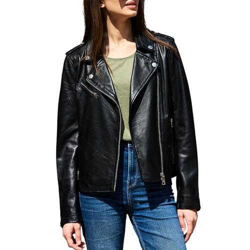 Leather Jacket Women | Premium Lambskin Leather Asymmetric Zipper Lapel Notch Collar Motorcycle Jacket