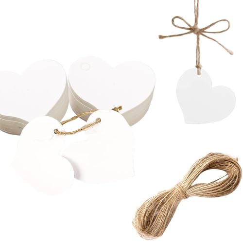 50 etiquetas de presente de coração branco com corda Kraft - papel em branco para favores de festa, artesanato de bricolage e embrulho de presentes
