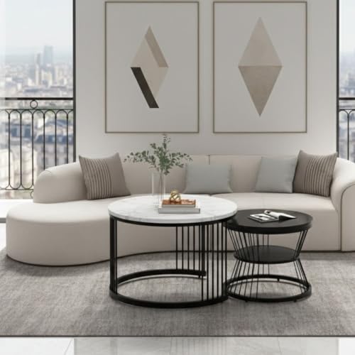 Image of The Round Coffee Table and The Stacking Tea Table with a Gold Metal Frame are Two Versatile Modern Center Tables That Look Great in Living Rooms (Black White 2)