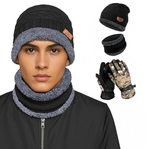 Image of K D Winter Wear 3-in-1 Cap Muffler Gloves Set for Adults | Woolen Beanie Cap, Mafler Scarf & Hand Gloves | Thermal, Fleece, Unisex (Cap-mafler Black - Glovess Army) Pack of 01