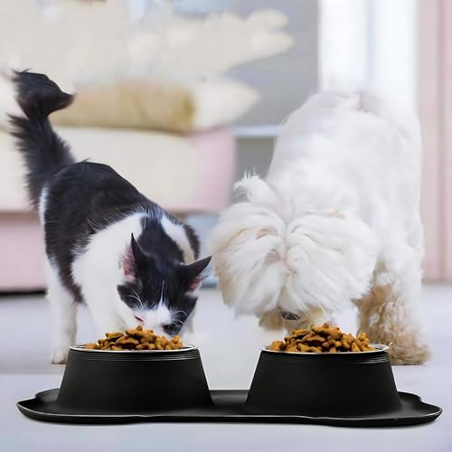 Retoo Doppel Futternapf mit Napfunterlage aus Silikon, Hundenapf Edelstahl 400ml, Rutschfesten Silikon Tablett Matte, Katzennapf, Schüssel Lebensmittel Wassernapf Schwarz