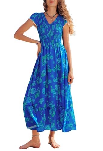 Kate Kasin Women's Floral Flowy Boho Dress Elastic Smocked Casual Maxi Dress Ruffled Summer Beach Vacation Sundress Bright Blue XXL