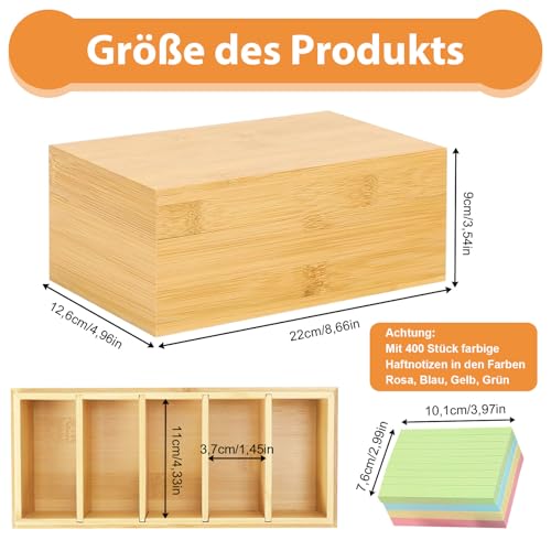 CAAGGMM A7 Karteikarten Box Holz, 22x12,6x9cm Karteikarten Holzbox mit Deckel, Lernbox Vokabelbox mit 4 Herausnehmbar Trennwänden und 400 Stück Haftnotizen, für Büro Schulen und Zuhause