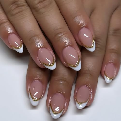 White French Tip Press on Nails Short Fake Nails with Chrome Gold...