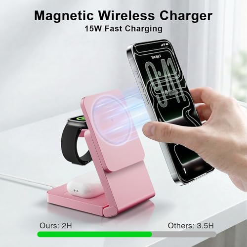 Image of 3-in-1 Charging Station for Apple Devices, Foldable Magnetic Wireless Charger Stand, Fast Charger Station for iPhone17 /16 /15 /14 /13 /12 Pro Max / AirPods2 /3 /4 and IWatch Ultra Series(Pink)