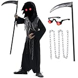 Kids Grim Reaper Costume with Glowing Eyes & Skull Gloves & Scythe & Chain, Scary Halloween Costume for Toddler, Trick-or-Treat Ghost Cosplay Dress Up 3-4 Years