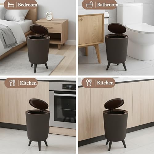 Image of House of Quirk Trash Can With Lid For Bathroom, 9 Liter Kitchen Dustbin Modern Office Trash Can With Legs, Slim Plastic Basket For Bathroom, Bedroom Round (Black)
