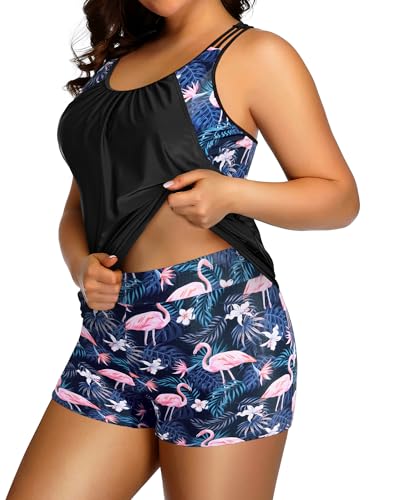 Image of Womens Plus Size Tankini Swimsuit Two Piece Tummy Control Bathing Suit | Blouson Racerback Tankini Top with Shorts, Double Up Design, Removable Pad