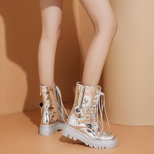 Women's Metallic Mid Calf Boots Platform Chunky Heel Silver Combat Boots Lace up Metal Buckle Zipper4