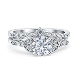 OMRANII Simulated Cubic Zirconia Size-9 Two Piece Vintage Style Art Deco Wedding Engagement Bridal Set Ring Band Round CZ 925 Sterling Silver