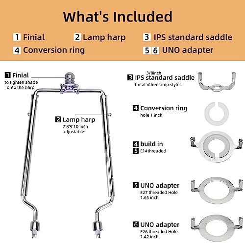 7 8 9 10 inch Lamp Shade Harp Holder, TOOTOO STAR Adjustable Lamp Harp Kit 2 sets,Fit Both Standard Lamp Rod and E14 E26 E27 Light Base UNO Fitter Adapter Converter Finial Set (Silver) - Thumbnail 3