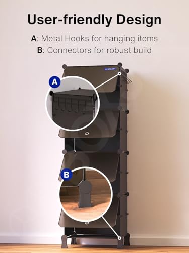 Image of BOXJOY 8 Shelf Shoe Rack with 4 Black Doors, 5 Hook Steel Holder & Wooden Hammer for Home Storage PP Plastic Organizer with Metal Door Frame to Cover Chappal Slipper Sandals Shoes Box Stand (Black)