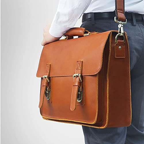 Messenger Bag, Leather Briefcase for Men,14 Inch Large Pocket Leather Messenger Bag for Men, Brown Leather Laptop Bag Leather Satchel(Size:39.5x9x29CM)3
