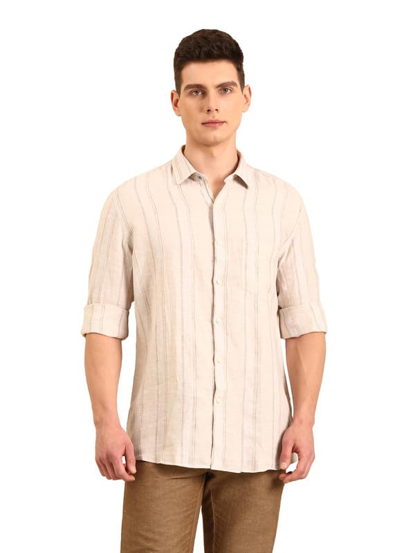 Image of Linen Club Men's Linen Rich Pink Striped Contemporary Fit Full Sleeve Casual Shirt