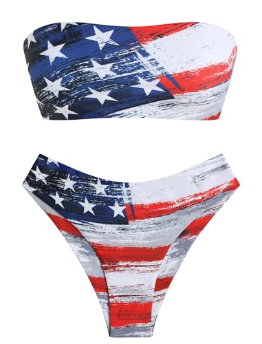 Image of ZAFUL Women's High Cut Bandeau Bikini Set Strapless Solid Color 2 Pieces Bathing Suit Swimsuit