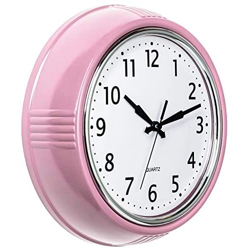 Bernhard Products Retro Wall Clock 12 Inch Pink Kitchen 50’s Vintage Design Round Silent Non Ticking Battery Operated Quality Quartz for Home Office Baby Nursery Girls Room Classroom, Easy to Read