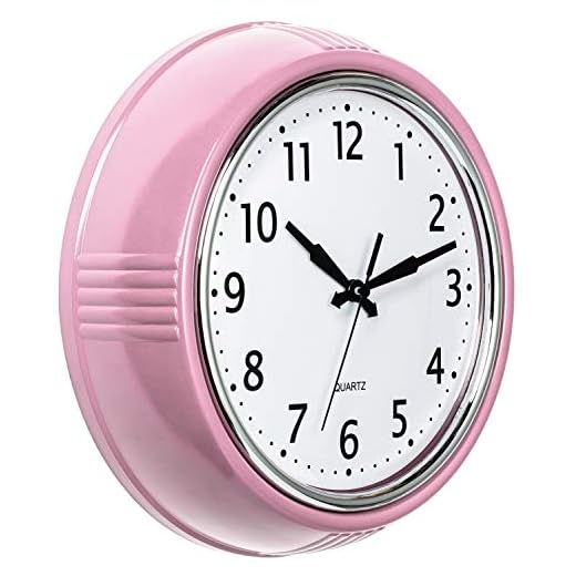 Bernhard Products Retro Wall Clock 9.5 Inch Pink Kitchen 50's Vintage Design Round Silent Non Ticking Battery Operated Quality Quartz for Home Office Baby Nursery Girls Room Classroom, Easy to Read