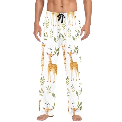 ALAZA Mens Pajama Pants 100% Cotton, Giraffe Leaves Men's Flannel Pajama3
