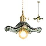 XIRYTU-H 9'' Vintage Lotus Leaf Glass Pendant Light, Adjustable Height Floral Hanging Lamp, E26 Brass Holder, Farmhouse Flower Ceiling Lighting for Kitchen Island, Dining Room, Hallway (Green)
